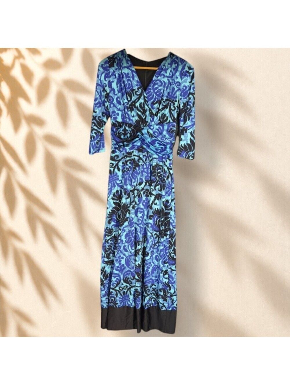 Metro Dress Women S Small Blue Geometric Maxi Long Zipper 3/4 Sleeve V-Neck